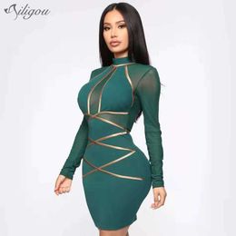 Summer And Women'S Bandage Sexy Mesh Long-Sleeved Perspective Tight-Fitting Mini Vestidos Party Dress 210527