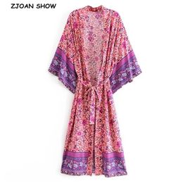 BOHO Fuchsia Floral Print Long Kimono Shirt Hippie Women Lacing up Tie Bow Sashes Cardigan Loose Blouse Tops Holiday 210429