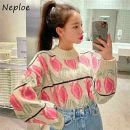 Flower Pattern Pullovers Korean Autumn Warm Fashion Soft Knitted Sweaters Women Panelled Patchwork Tops 1F761 210422