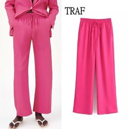 TRAF Za Woman Pants y2k Rose Red Elastic High Waisted Trousers Suits Women Summer Chic Loose Pocket Straight 211115
