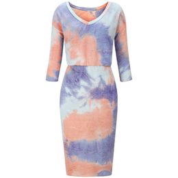 Tie Dye V Neck High Waist Three Quarters Sleeve Pocket Pencil Dress Women Casual Slim Package Hip Streetwear Office Dresses 210608