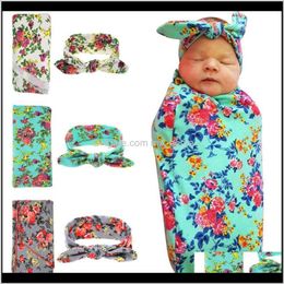 Born Baby Swaddle Wrap Blanket Set Infant Kids Flower Floral Print Cloth Knot Bow Cap Headbands Ueufw Blankets Swaddling Sai67