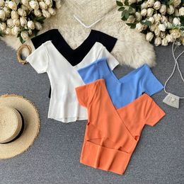 SINGREINY Sexy Hollow Knitted Blouse Women Korean V Neck Short Sleeve Solid Elastic Slim Tops Summer Streetwear Knitting Blouses 210419