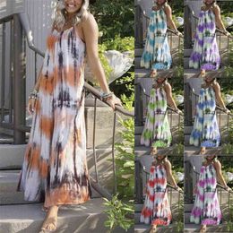 Summer Beach Casual Long Dress Tie-dye Striped Print Sling Plus Size Vintage Bohemian Robes Female Vestidos 210517