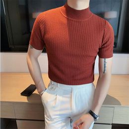 Men's Sweaters 2022 Spring Short Sleeved Knitted Sweater Half High Neck T-Shirt Quality Men Korean Slim Casual Pullovers 5 Colour