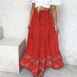 Summer women printed elastic waistband with cutout Red skirt high waist female midi ladies sexy boho beach s 210508