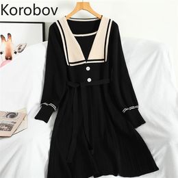 Korobov Sweet Korean Hit Color Patchwork Dress Vintage Preppy Style Turn-Down Collar Long Sleeve Dresses Lacing Vestidos Femme 210430