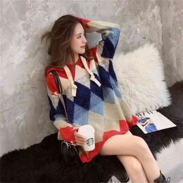 Female Koran Knitted Sweater Hooded Autumn And Winter Plaid Sequins O-neck Pullovers Causal Long Sleeve 210427