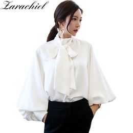 Spring Summer Women Vintage Long Lantern Sleeve Big Bowknot Lace-up Loose Shirt Office Lady Solid Chiffon Blouse Top 210416