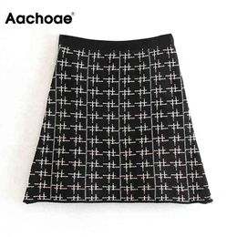 Aachoae Women Vintage Plaid Knitted A Line Skirt With Pocket Office Elegant Mini Skirt Faldas Mujer Moda Autumn Summer 210413