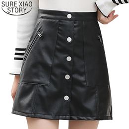 Fashion Slim High Waist Women PU Leather Zipper Button Lady Mini Short Skirts Elegant A-Line Skirt Autumn 6064 50 210415