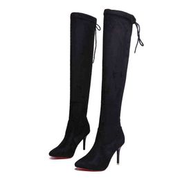 Black Sexy Red Bottom Women Long Boots Warm Flock Super High Heel Over the knee Boots stiletto bota feminina 2019 size 34 39 G1112