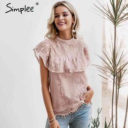 O neck lace hollow out women blouse shirt Embroidery ruffle lining elegant female Summer party blouses and tops 210414