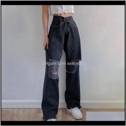 Clothing Apparel Drop Delivery 2021 Womens Fashion High Waist Ripped Edge Casual Jeans Street Shooting Hip Hop Straight Leg Pants Am8Mt