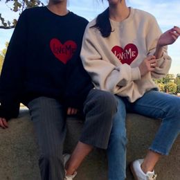 Nomikuma Korean Love Heart Letters Women Men Sweatshirt Autumn Winter Fleece Pullover Long Sleeve O-neck Causal Hoodies 6C266 210427