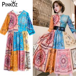 luxur designer style hit Colour blue red printed midi dress for women lady cotton summer fashion paris robe de mujer 210421