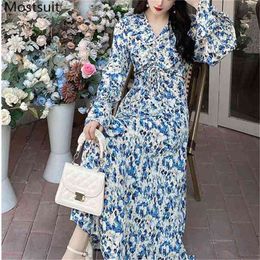 Xl-5xl Printed Women Long Dress Full Sleeve V-neck Midi Dresses Elegant Korean Vintage Female Vestidos 210513