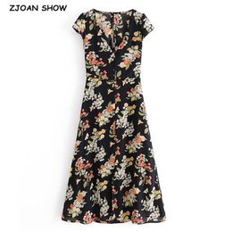 Retro Short Sleeve Floral Print Backless Dress for Woman Hollow Out Back Hem Slit Midi Dresses Holiday 210429