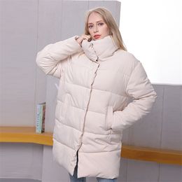 Winter Women's Jacket Female Long Sleeve Solid Color Cotton-padded Warm Loose Long Puffer Jacket Women Parka Coat Outerwear 211108