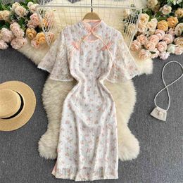 Summer Fashion Retro Improved Cheongsam Stand Collar Cloak Short Sleeve Lace Midi Dress GK585 210506