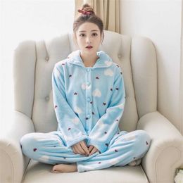 Autumn Winter Warm Flannel Women Pyjamas Sets Thick Coral Velvet Long Sleeve Sleepwear Cute Flannel Pajamas Set Home Cloth Girl 211211