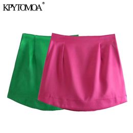 KPYTOMOA Women 202 Chic Fashion Soft Touch Shiny Mini Skirt Vintage High Waist Side Zipper Female Skirts Mujer 210621