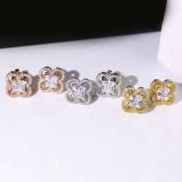 Europe America Fashion Style Earring Lady Womens Gold/Silver/Rose-color Metal Engraved V Initials Hollow Out Setting Square Diamond Flower Stud Earrings