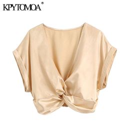 Women Fashion With Knot Cosy Cropped Blouses Short Turn-up Sleeves Back Elastic Female Shirts Chic Tops 210420