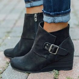 Boots Women Wedges Ankle Pu Leather High Heels Vintage Ladies Shoes Autumn Winter Zipper Buckle Strap Punk Female Booties