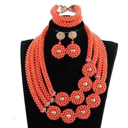 Earrings & Necklace Coral Flower African Jewelry Sets Beads Handmade Braids Costume For Women And Gold Wedding ABH748