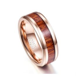 8mm Tungsten Carbide Ring Hawaiian Koa Wood Inlay Bevelled Wedding Band Men's Comfort Fit Size 7-12 Cluster Rings