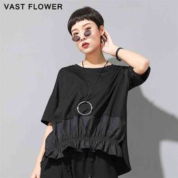 Women Black Ruffles Split Irregular Plus Size T-Shirt Summer Short Sleeve Loose Casual Tee Shirt Tops Fashion Clothes 210623