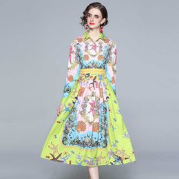 Summer Vintage Print Slim Bohemian Holiday Dress Women Turn Down Collar Long Sleeve High Waist A Line Vestidos 210529
