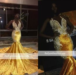 Black Girl Yellow Velvet Long Mermaid Prom Dresses Halter V Neck Lace Appliques Evening Gowns Backless Sweep Train Vestidos BC0662