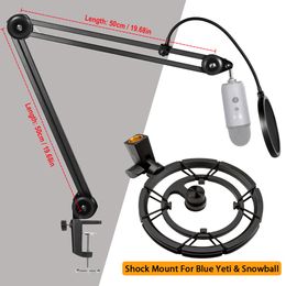 Microphone Stand With Shock Mount For Blue Yeti & Snowball Heavy Duty Adjustable Suspension Mic Arm Holder With Pop Filter