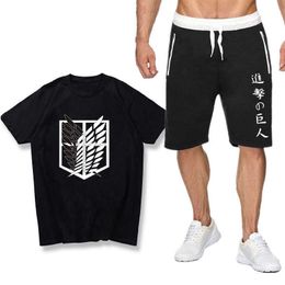 Summer Anime men's sets T-shirt Sports Shorts Attack on Titan T shirt Sets teeshirt homme camisetas Men Shorts T Shirts Sets X0610