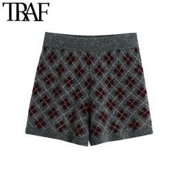 Women Chic Fashion With Argyle Knitted Shorts Vintage High Elastic Waist Female Short Pants Mujer 210507