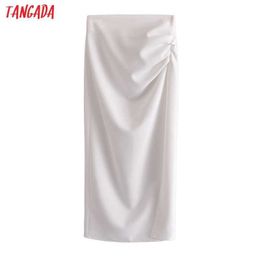 Tangada Women White Side Pleated Midi Skirt Faldas Mujer Vintage Zipper Office Ladies Elegant Chic Mid Calf Skirts 3H534 210609