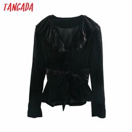 Women Solid Black Velvet Blazer Coat Vintage Ruffles Collar With Slash Female Casual Chic Tops 6P27 210416