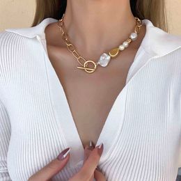 AENSOA Fashion Thick Chain Pearls Geometric Pendants Necklaces for Women Gold Metal Bead Chains Necklace Design Jewellery Gift