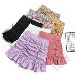Faldas Mujer Moda Floral England Style Ruffles A-Line Zipper Mini Skirt Empire Skirts Womens Clothing Pleating Jupe Femme 210615