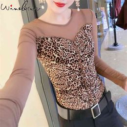 Leopard T shirt Women Diamonds Beading Bordered Mesh Patchwork Slim Long Sleeve Tops Tee Casual ropa mujer T02709B 210421