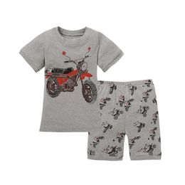 Grey Boy Pyjamas Clothes Suit Summer Short Racing Motorcycle Children Pj's Tee Shirt Pant 2-Pieces Sleepwear Boys Tops 2-7 Years 210413