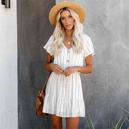 -Paris Mädchen Sommer Druck Frauen Kleid Kurzarmknopf Weiß Gestreiften Chiffon Beach Sommerkleid Vestidos 210524