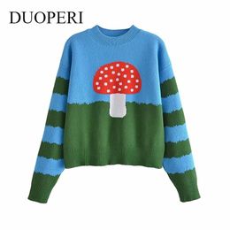 DUOPERI Fashion Cartoon Knit Sweater Top Women Casual Long sleeves O-Neck Knitwear Knitted sweaters Pullover Female Tops 210922