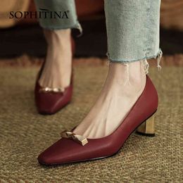 SOPHITINA Pumps Woman Shallow Pointed Toe Mental Decoration Genuien Leather High Square Heel Office Lady Shoes PB33 210513