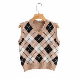 argyle knitted sweater vest women casual streetstyle button casual sweater pullovers vest khaki short vest autumn winter 210415