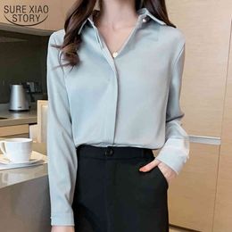 Autumn Long-Sleeve Silk Women's Shirt Office Lady Turn Down Collar Solid Blouse Women Elegant Ladies Tops Blusas 10618 210508