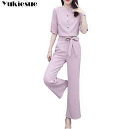 summer striped blouses wide leg pants 2 two piece skirt set women clothes ensemble femme sets womens club outfits for women sets 210519