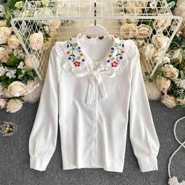 Korean style flower embroidery shirt women sweet ruffles turn down collar long sleeve bowtie single breasted casual blouse 210603